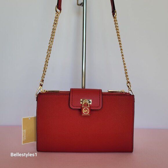 MICHAEL KORS Ruby Small Double-Zip Saffiano Leather Crossbody Bag- Crimson ⭐ - Picture 4 of 16
